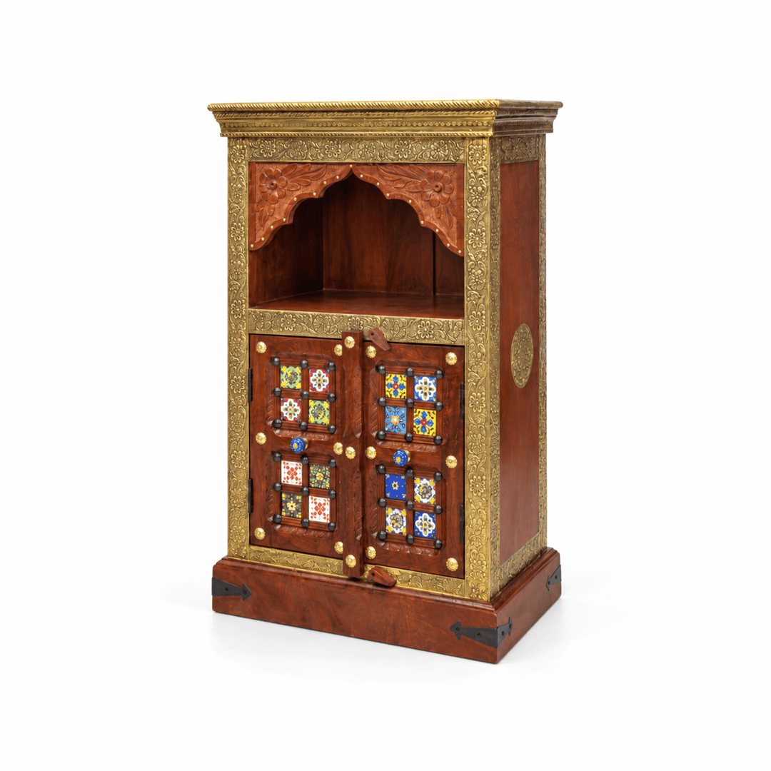 Indian Rosewood Pooja Mandapam with Brass and Tile Work