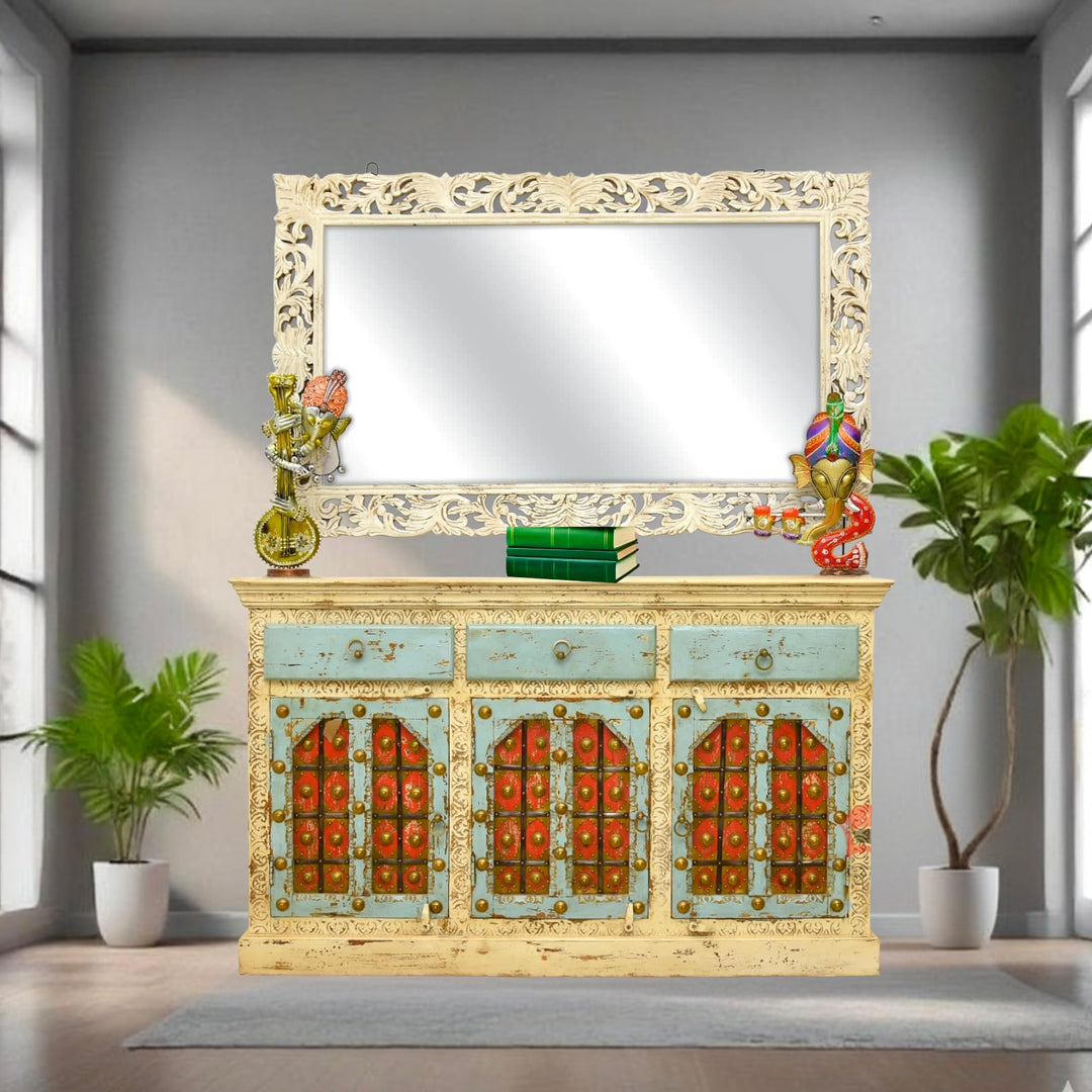 Luxe Boho Hand-Painted vintage Sideboard Cabinet & mirror