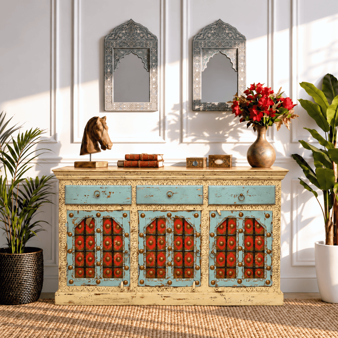 Luxe Boho Hand-Painted vintage Sideboard Cabinet & mirror