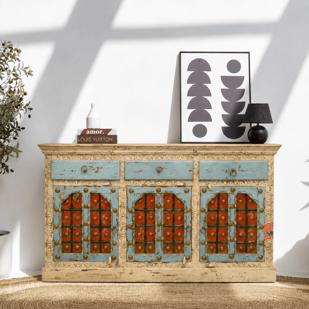 Luxe Boho Hand-Painted vintage Sideboard Cabinet & mirror