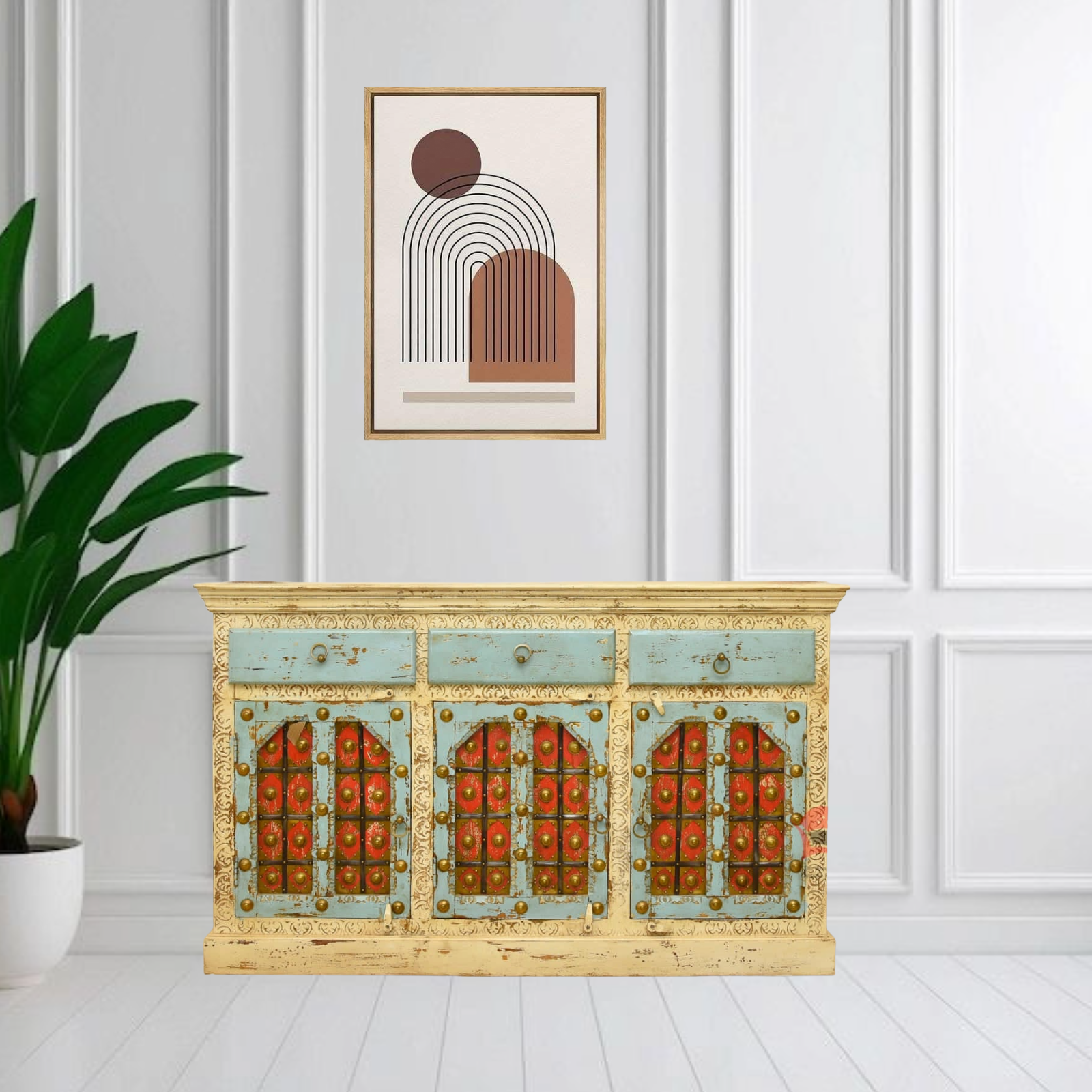 خزانة جانبية خشبية عتيقة الطراز مزينة برسومات عربية يدوية - خزانة تخزين مجلس الإمارات العربية المتحدة