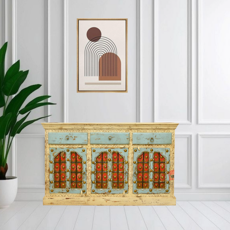 خزانة جانبية خشبية عتيقة الطراز مزينة برسومات عربية يدوية - خزانة تخزين مجلس الإمارات العربية المتحدة