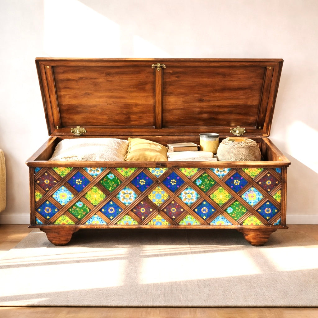 Wooden Storage Trunk Ajman 
Vintage Wooden Trunk with Tiles Ras Al Khaimah
Decorative Mango Wood Storage Chest Umm Al Quwain
