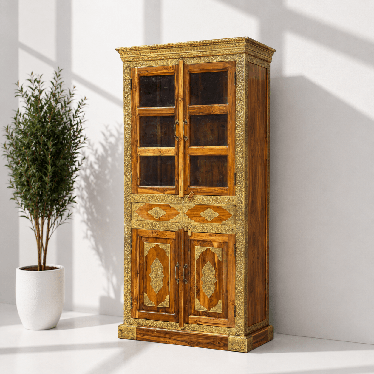 Sheesham wood book shelf with brass work with 2 drawer