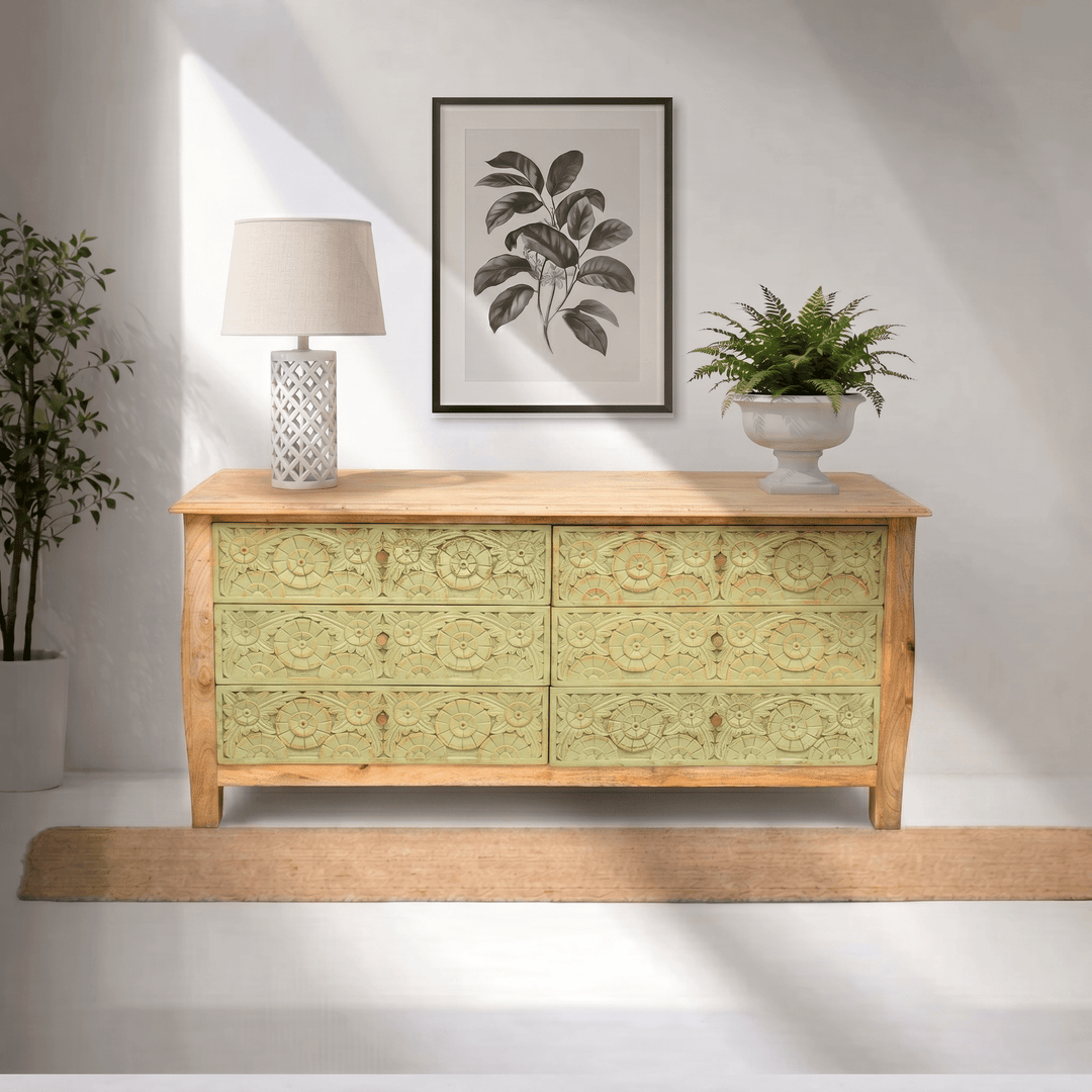 Siena Heritage hand carved chest of drawers with storage with rustic finish