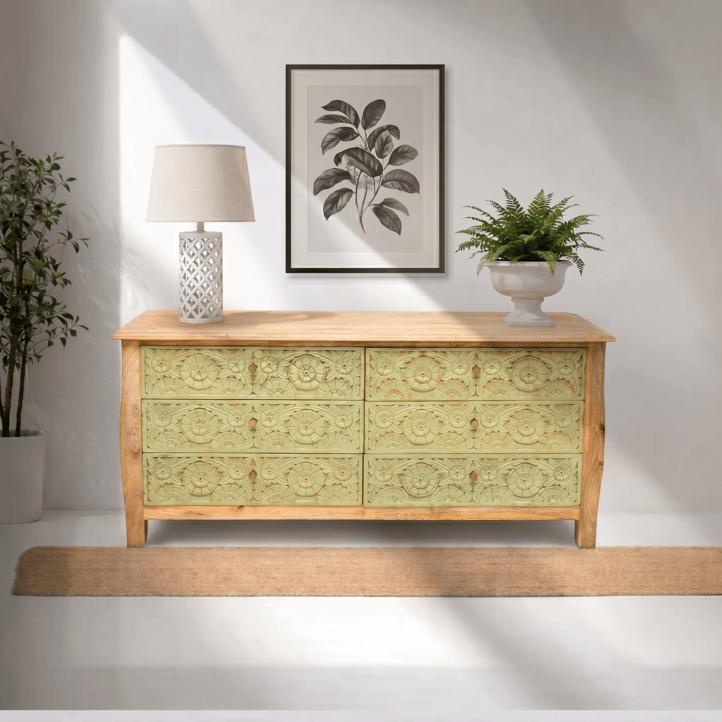 Solid Mango Wood Chest of Drawers with Green Rustic Finish, Hand Carved Mango Wood 6 Drawer Chest, Vintage Handmade Mango Wood Chest of Drawers,Hand carved wooden chest with rustic finish,Handicrafted wooden chest for home storage,