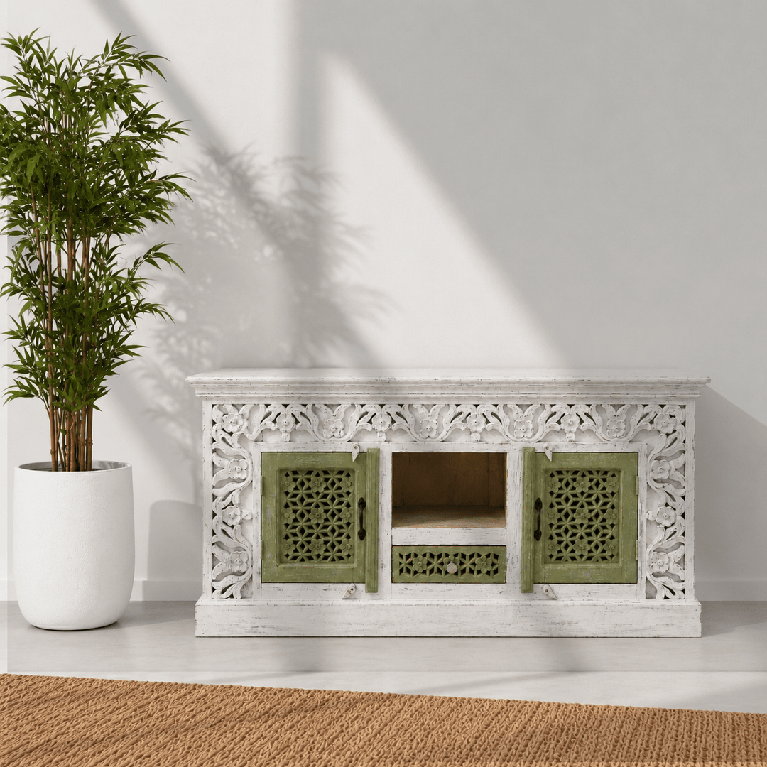 The Haveli Hand-Carved TV Unit UAE | Rustic Wooden Console Dubai