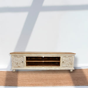 Solid mango wood tv stand with white color finishing