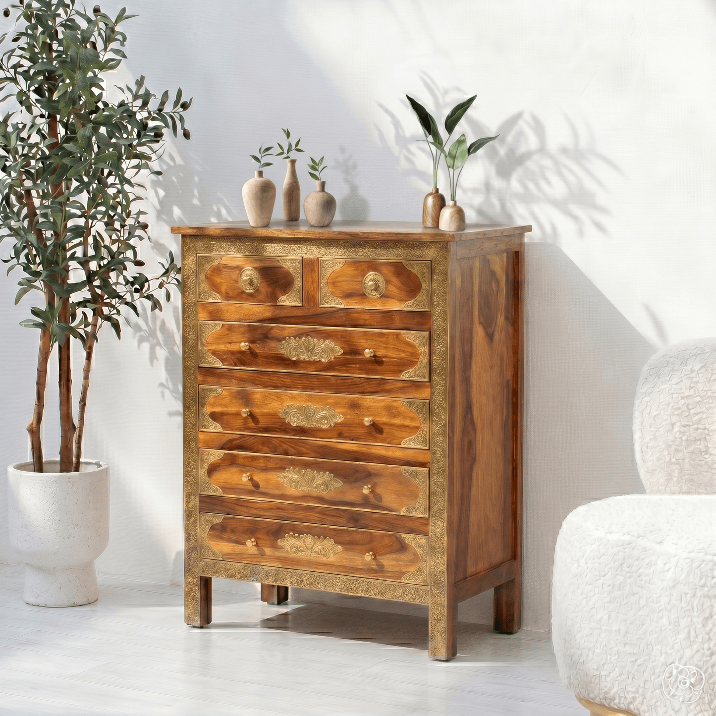 Premium wooden drawer cabinet Dubai, Traditional Indian brass furniture UAE, Solid mango wood storage unit Umm Al Quwain, 
