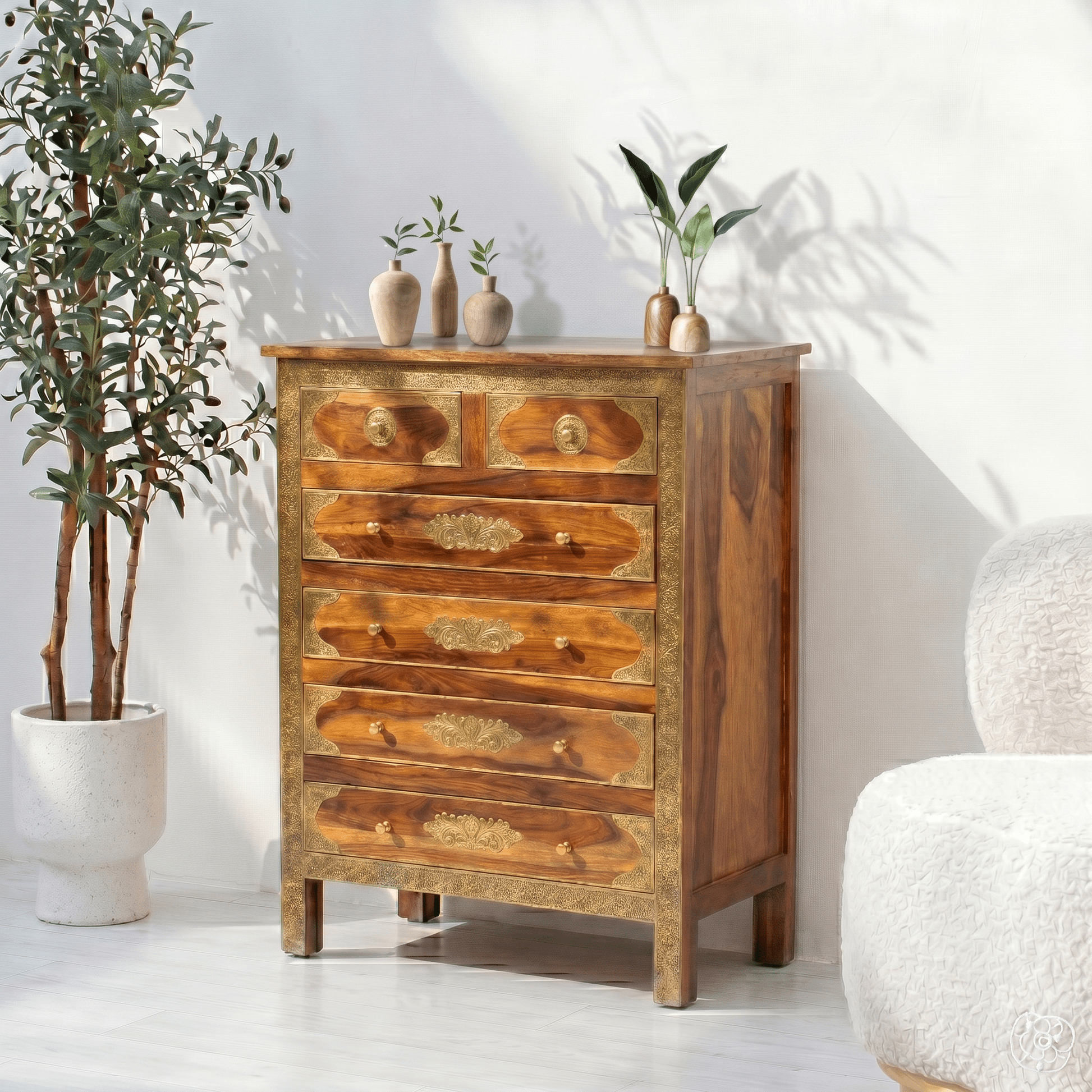 Handcrafted mango wood chest of drawers with brass embossing inlay work