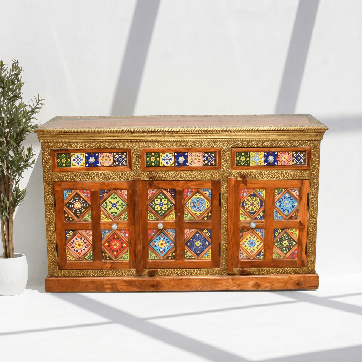 Traditional hand tiles work wooden sideboard in Sharjah, Premium solid wood furniture UAE, Compact wooden sideboard with drawers Dubai,  