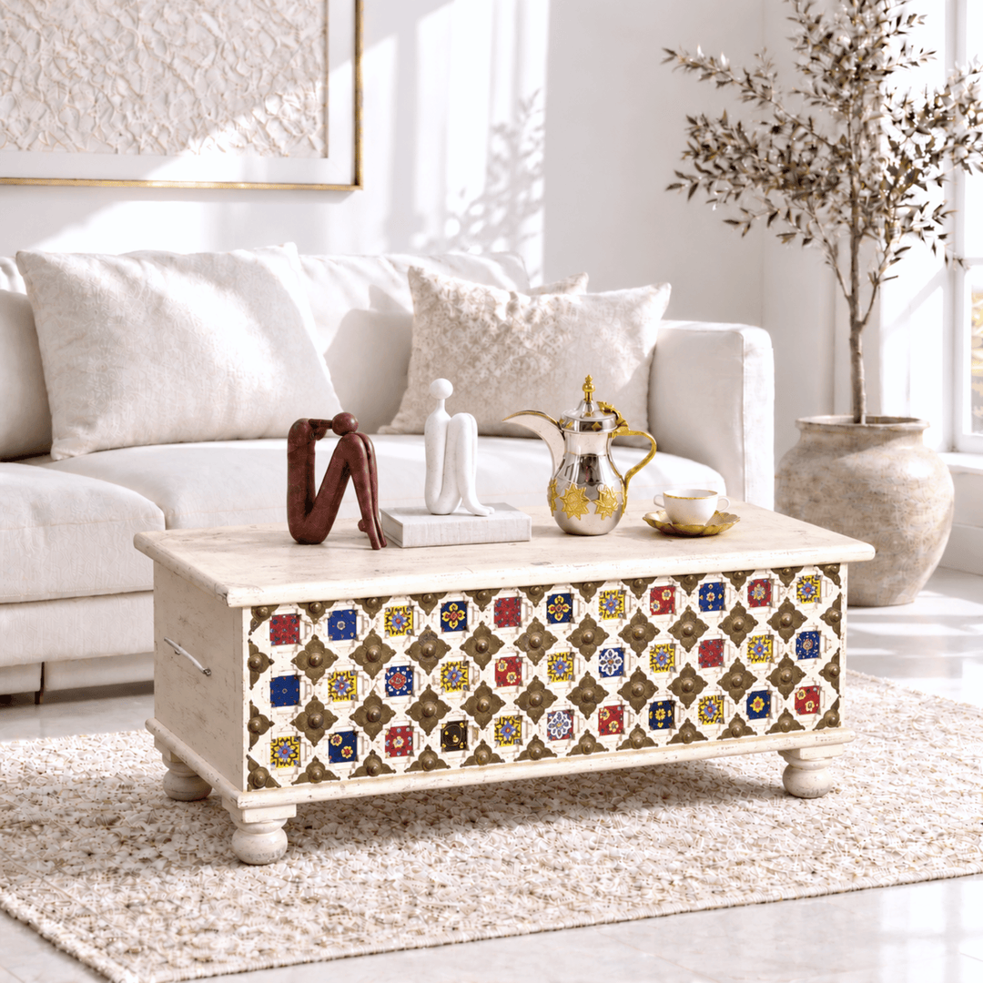 heritage mango wood trunk with handmade tile inlay and brass details