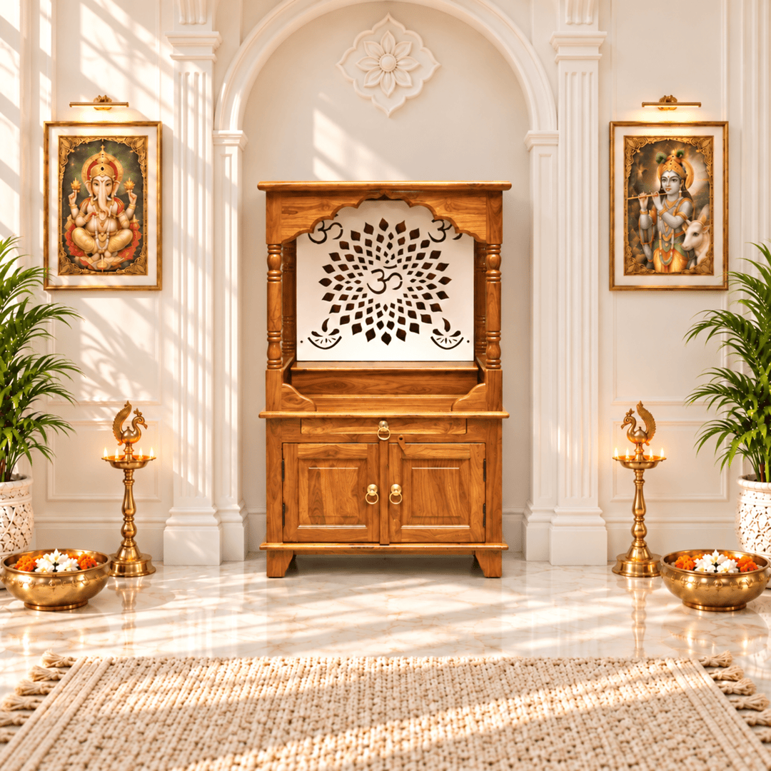 معبد منزلي من الخشب الصلب مع رف وباب