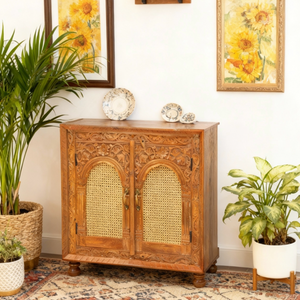 purewood cane work sideboard with hand carving work