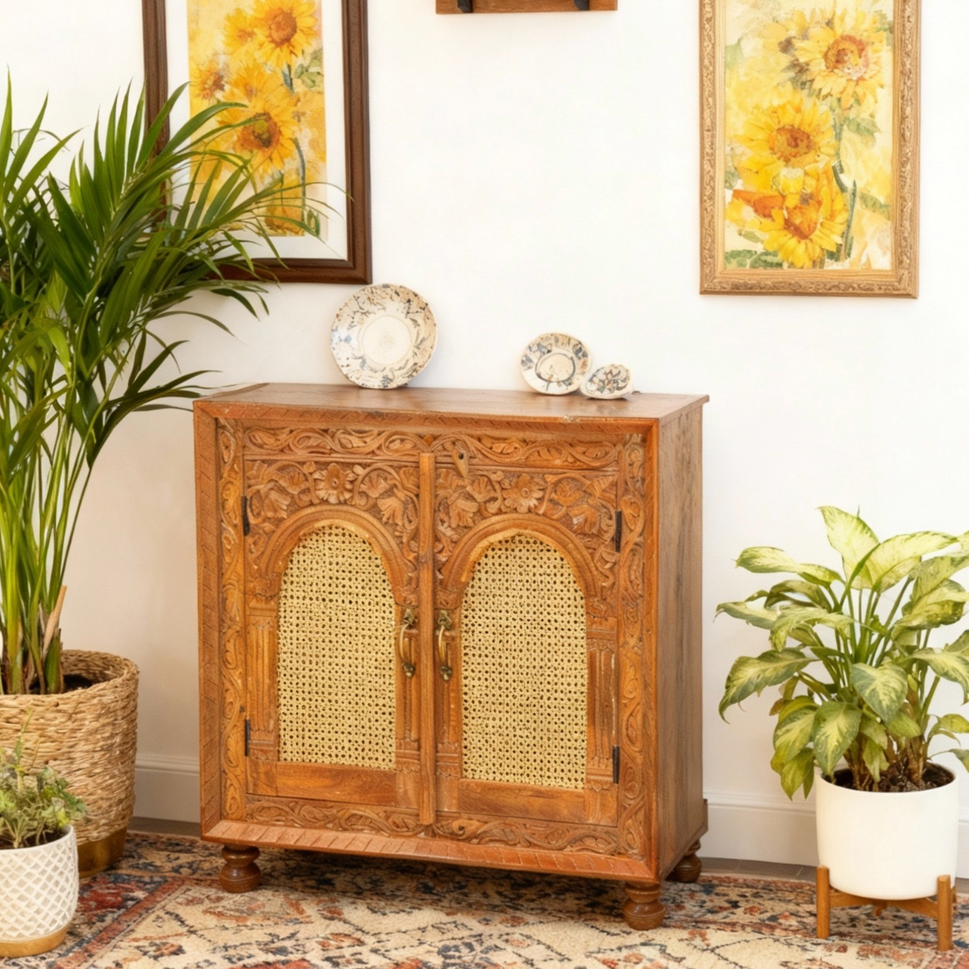 purewcood cane work sideboard with hand carving work
