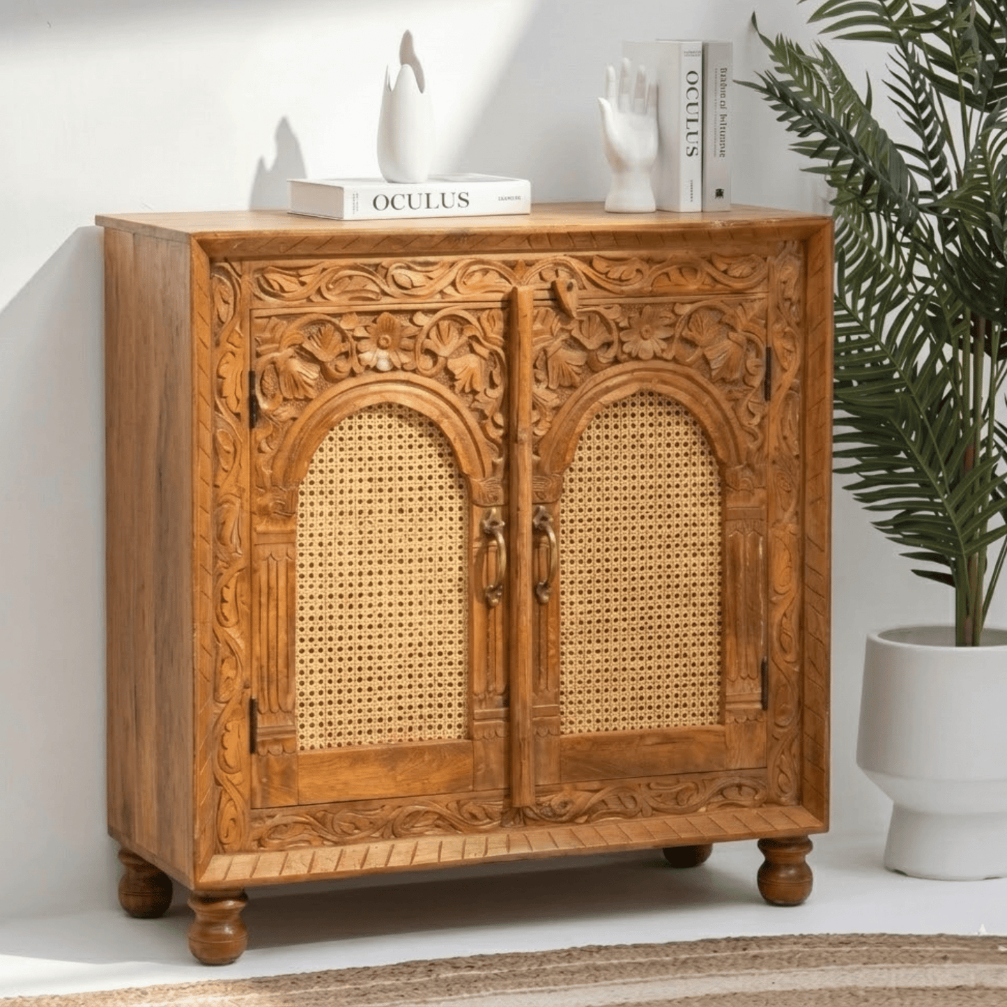 , Elegant Living Room Sideboard in Solid Wood, Sustainable Natural Wood Cane Cabinet, Luxury Handcrafted Rattan Console Cabinet, Modern Rustic Sheesham Wood Sideboard, Premium Wooden Cabinet for Restaurant Interiors,
