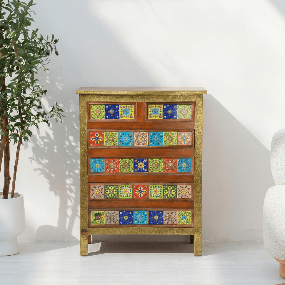 Wooden handicrafted chest of drawer with ceramics tiles | Marrakech Drawer Chest