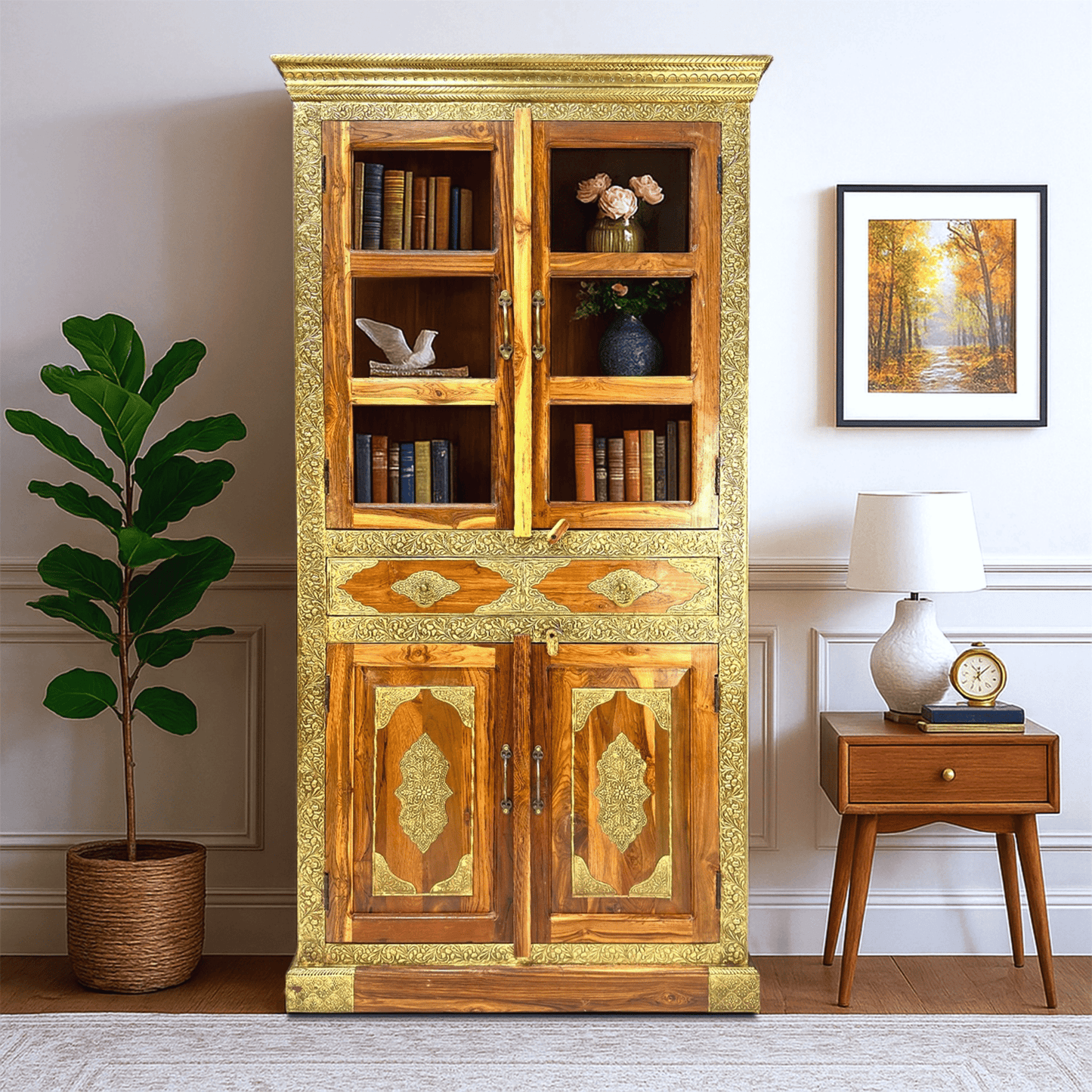 Rosewood brass fitted Almirah hand made in UAE,Natural wood kitchen storage Almirah Oman,Wooden bookshelf for living room,Hand made modern furniture solid wood Abu Dhabi.
