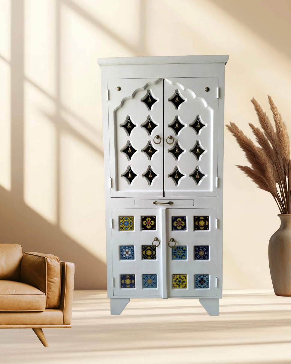 Wooden Pooja Mandir with double door with white color finishing