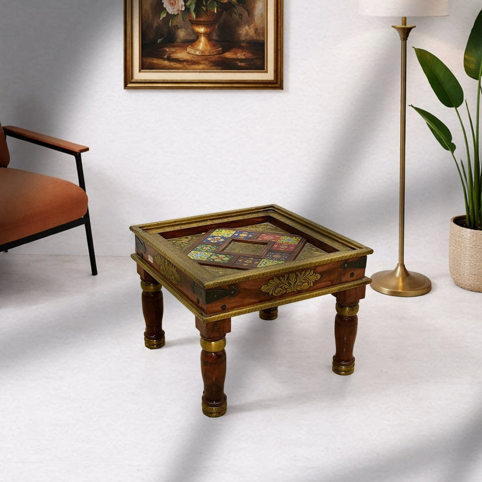 Solid Wood Sheesham Side Table with Brass Work | Luxury Sheesham Table UAE