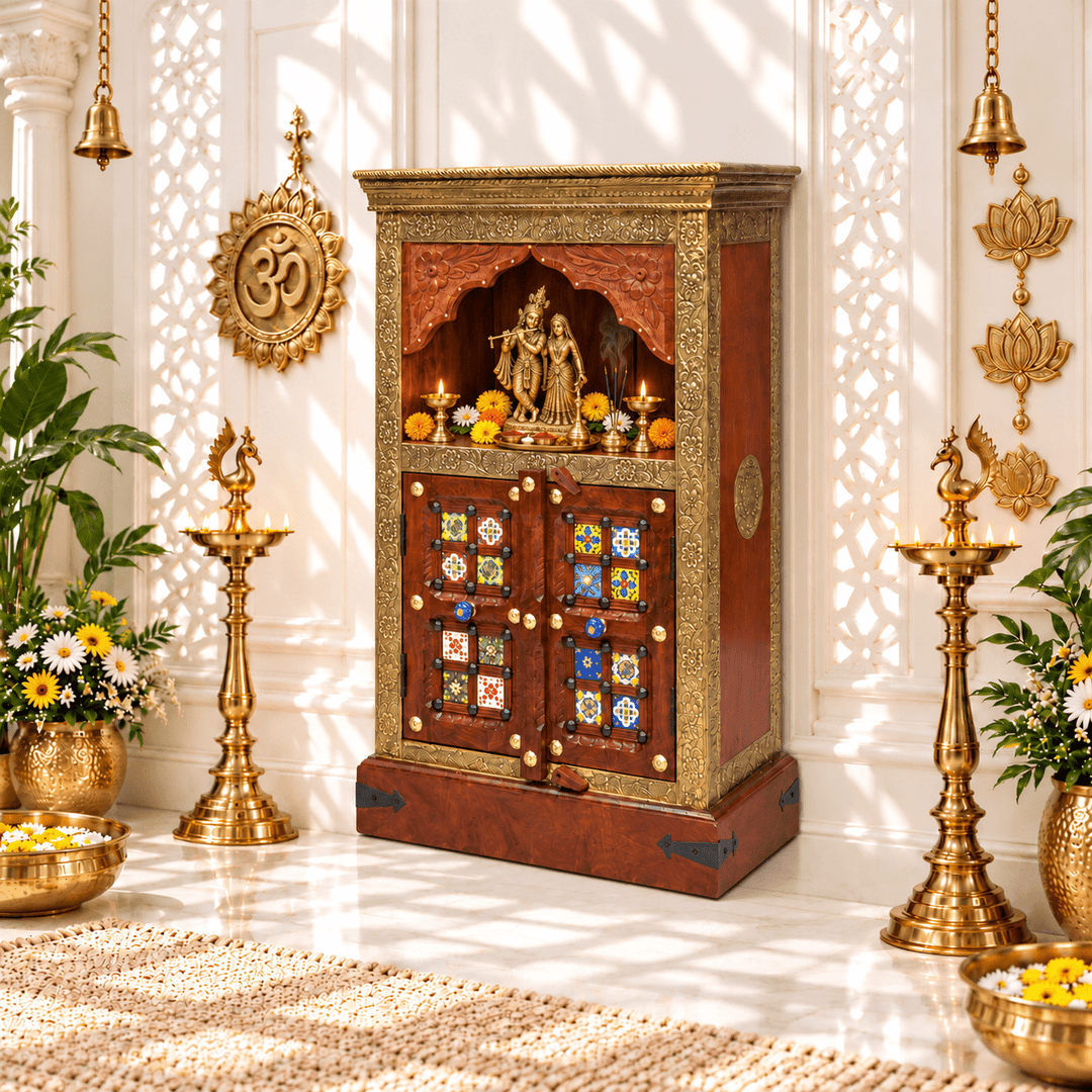 Indian Rosewood Pooja Mandapam with Brass and Tile Work