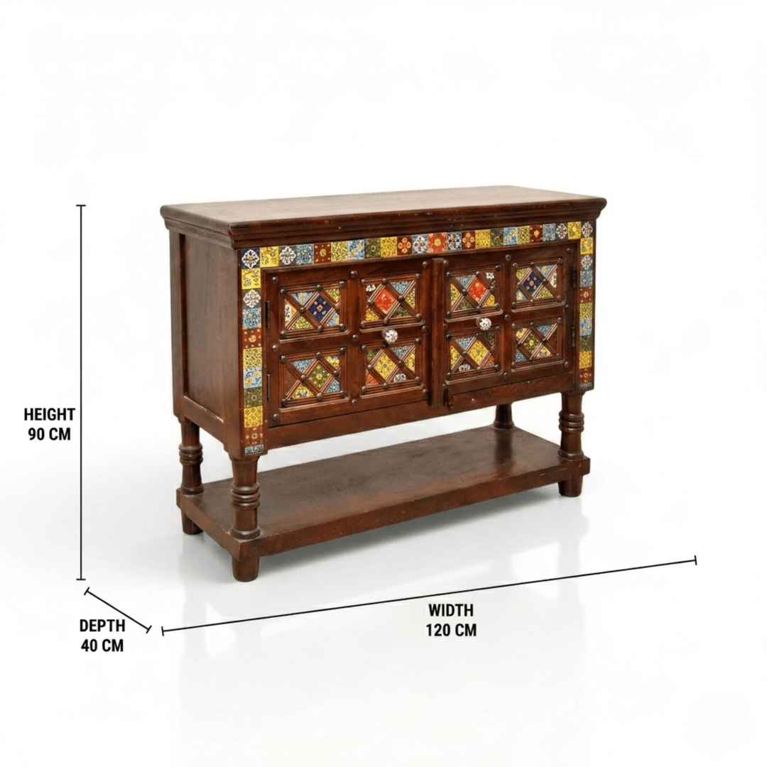 Bohemian Moroccan Tile Inlay Sideboard Cabinet UAE Sheesham Wood