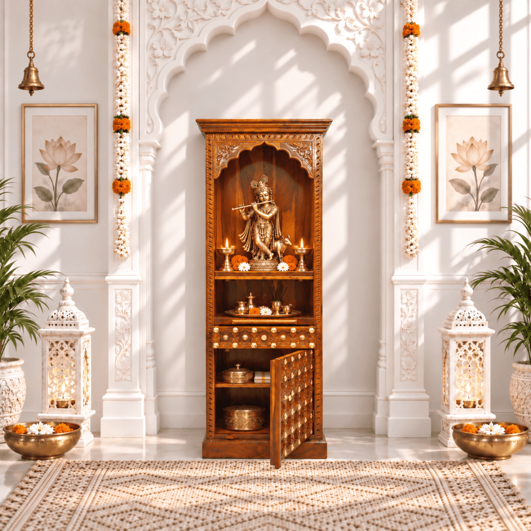 Tower-Style Rosewood Home Mandir with Storage Shelves