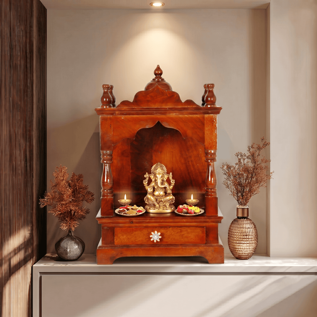 Divine Wooden Home Temple with Traditional Arch Design