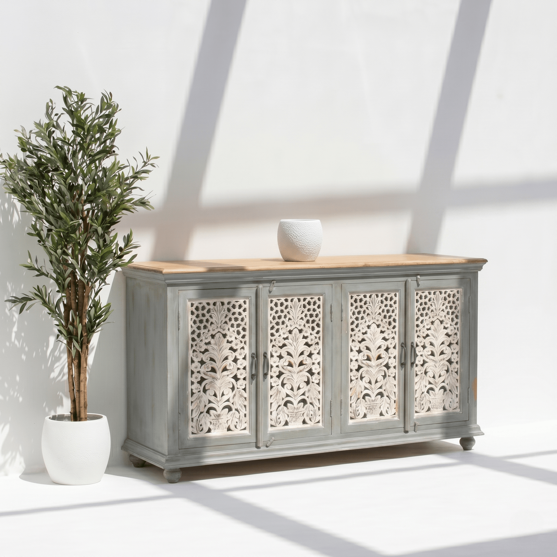 Hand carved mango wood dining room credenza style sideboard with 4 doors & mirror frame