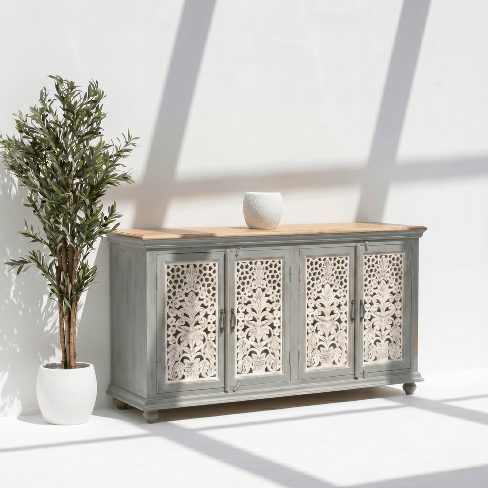 Hand carved mango wood dining room credenza style sideboard with 4 doors & mirror frame