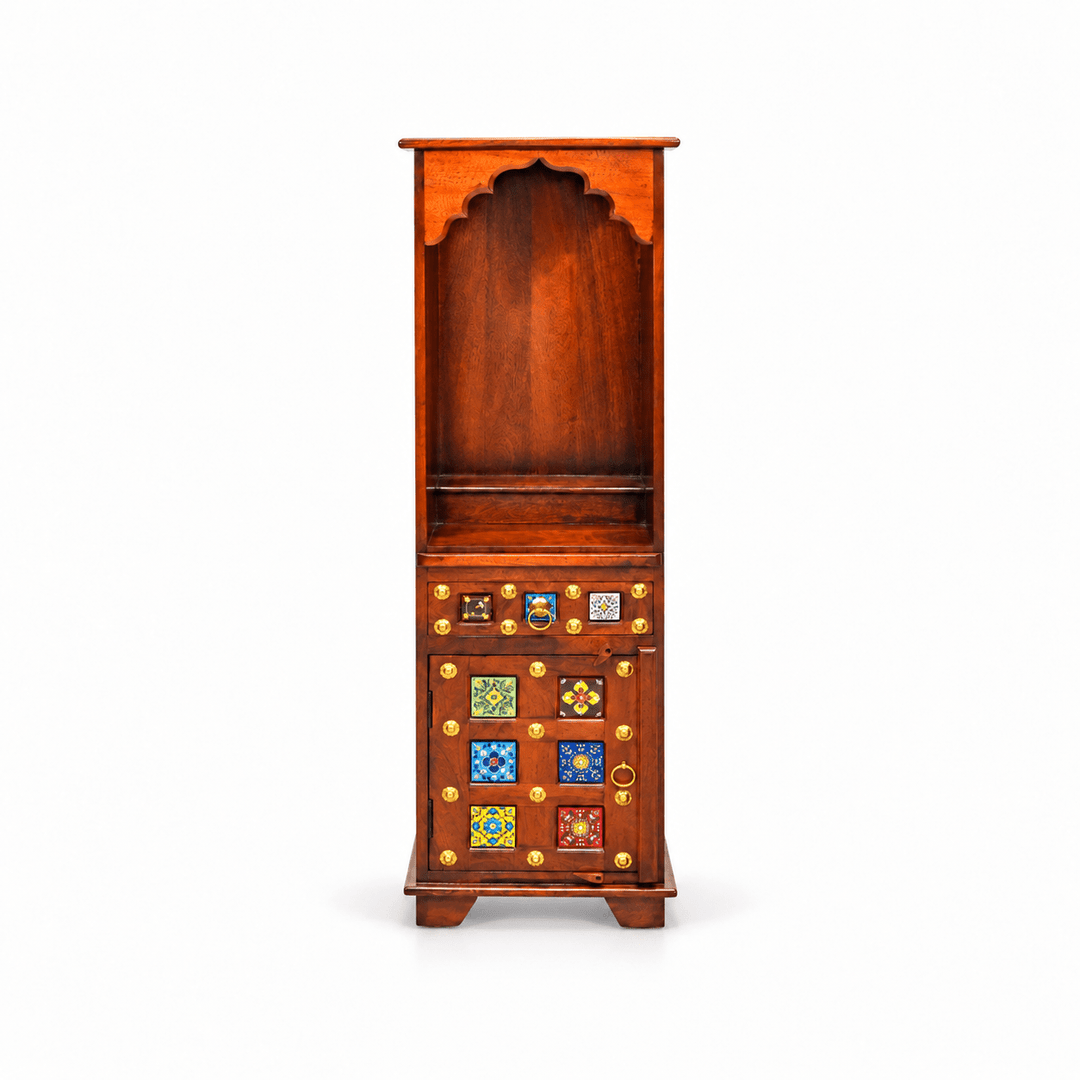 Tall and slim mango wood mandir with cupboard for home