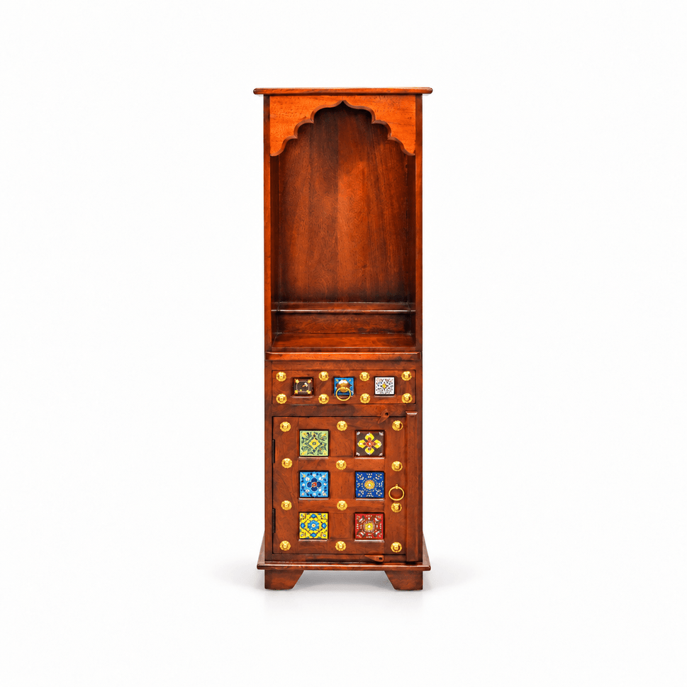Tall and slim mango wood mandir with cupboard for home