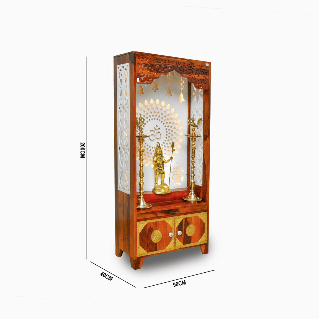Wooden pooja cabinet with storage with wood natural finish