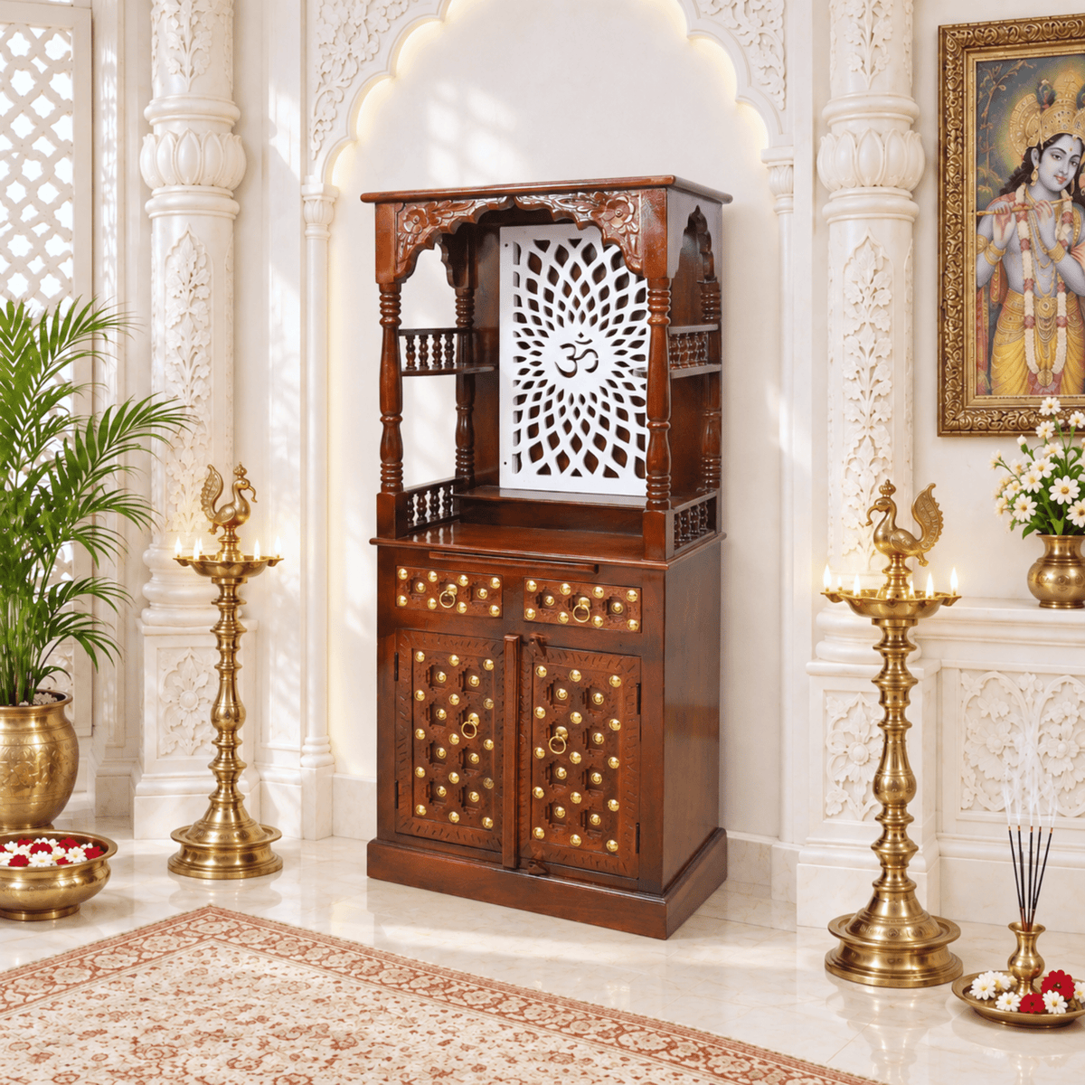 stylish solid wood mandir UAE, premium modern temple design UAE, unique handmade temple UAE, mango wood mandir Dubai, hardwood pooja temple Dubai, natural wood home temple Abu Dhabi, 