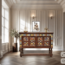 Switch Handmade Indian furniture for living room UAE, Natural finish wood sideboard with colorful tile detailing. 1 image