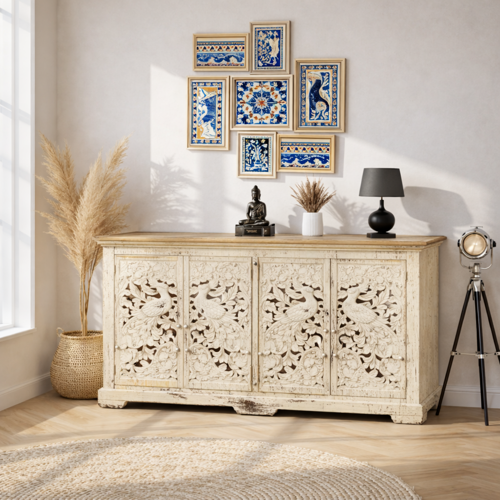 Peacock Carved Sideboard Oman, Hand Carved Cabinet UAE, Solid Wood Furniture, Wooden Storage Cabinet Qatar