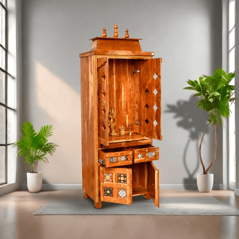 Indian Solid Mango Wood Pooja Unit Oman,Natural Finish Wooden Mandir Dubai,Mango wood temple with storage,