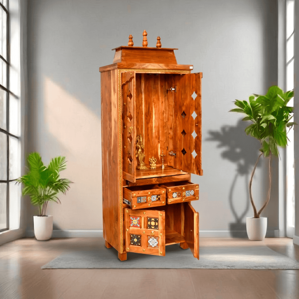 Indian solid acacia wood pooja unit with tiles work