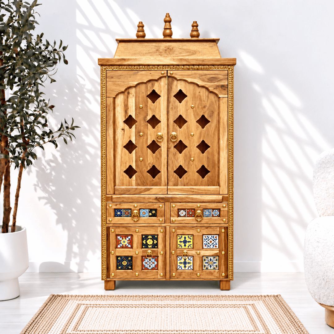 Indian solid Mango wood pooja unit with tiles work with sliding doors