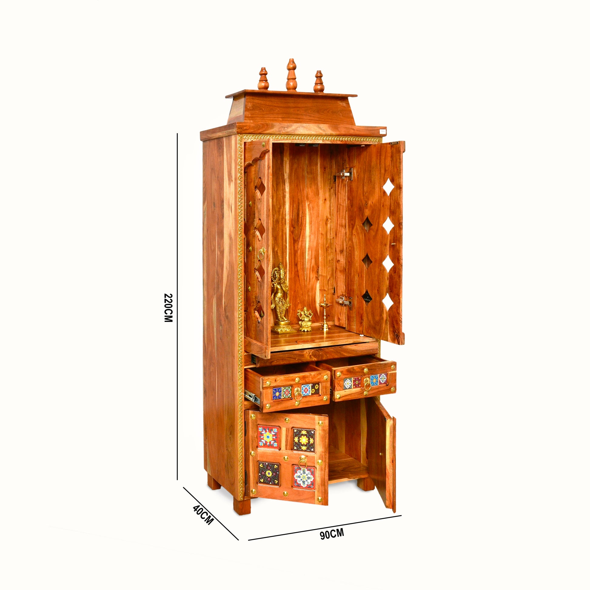 Indian solid mango wood pooja unit with tiles work