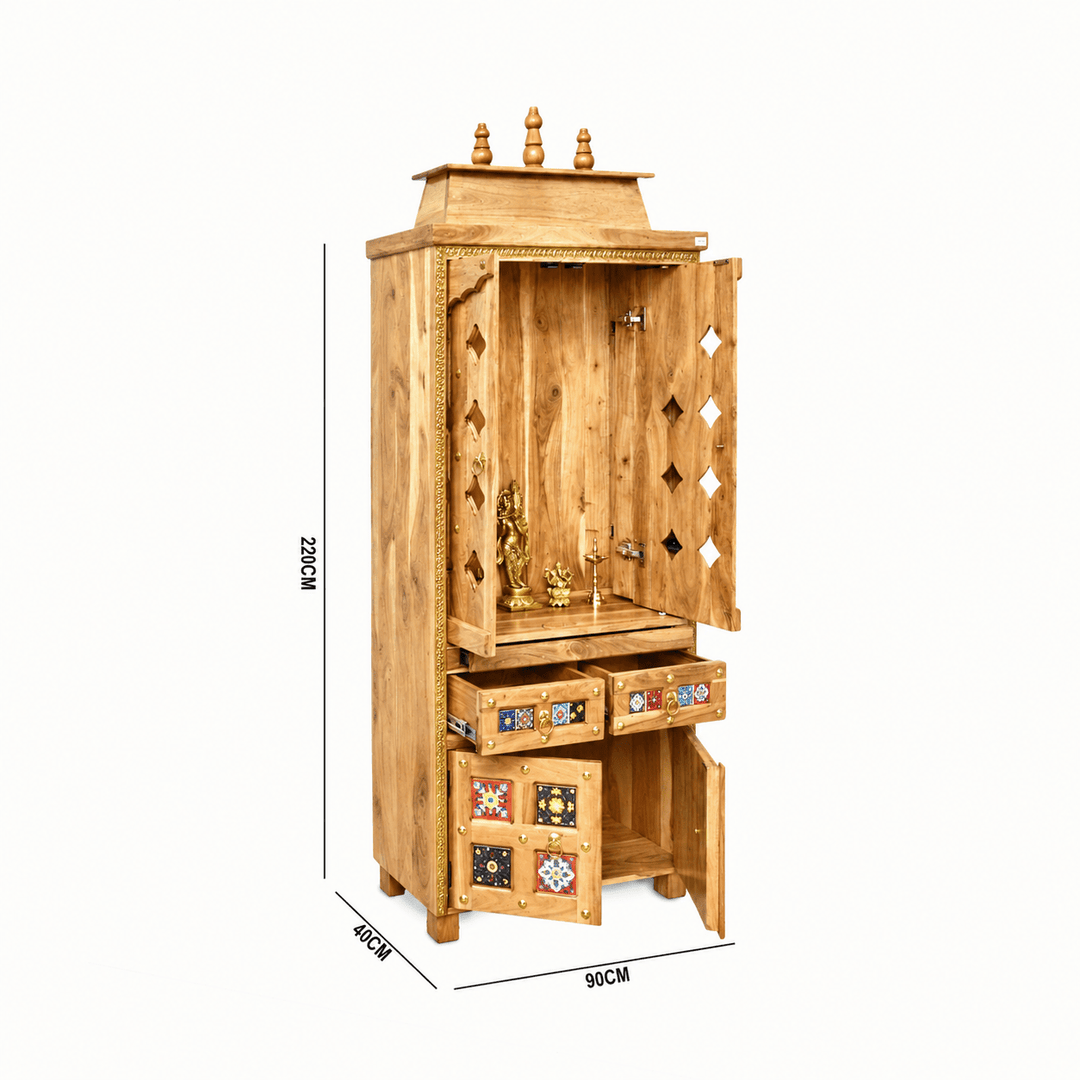 Indian solid Mango wood pooja unit with tiles work with sliding doors