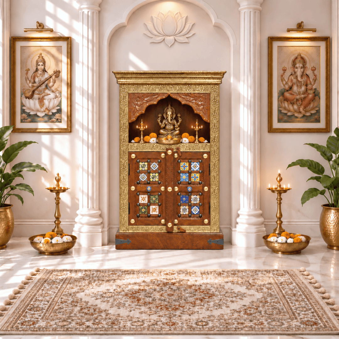 Indian Rosewood Pooja Mandapam with Brass and Tile Work