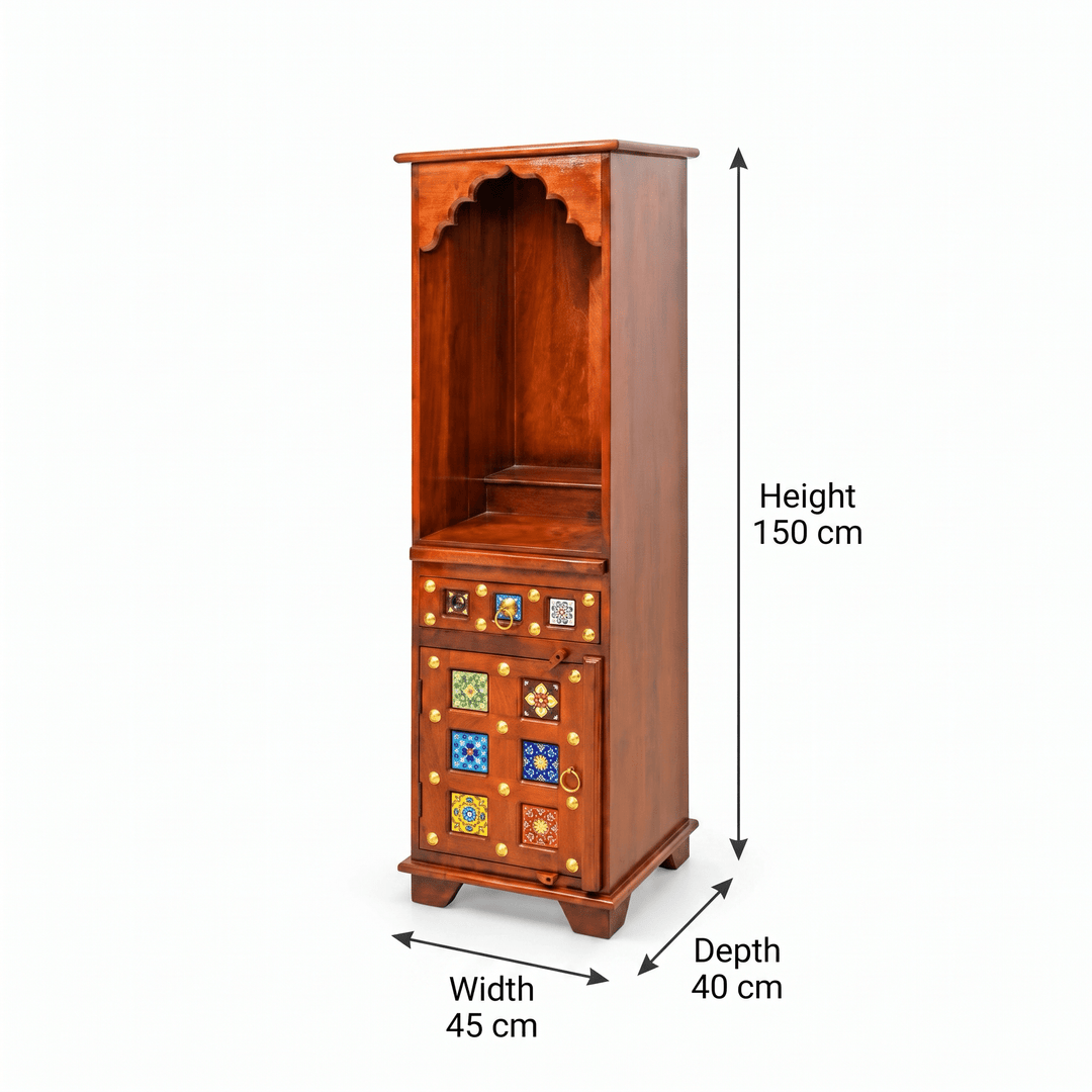 Tall and slim mango wood mandir with cupboard for home