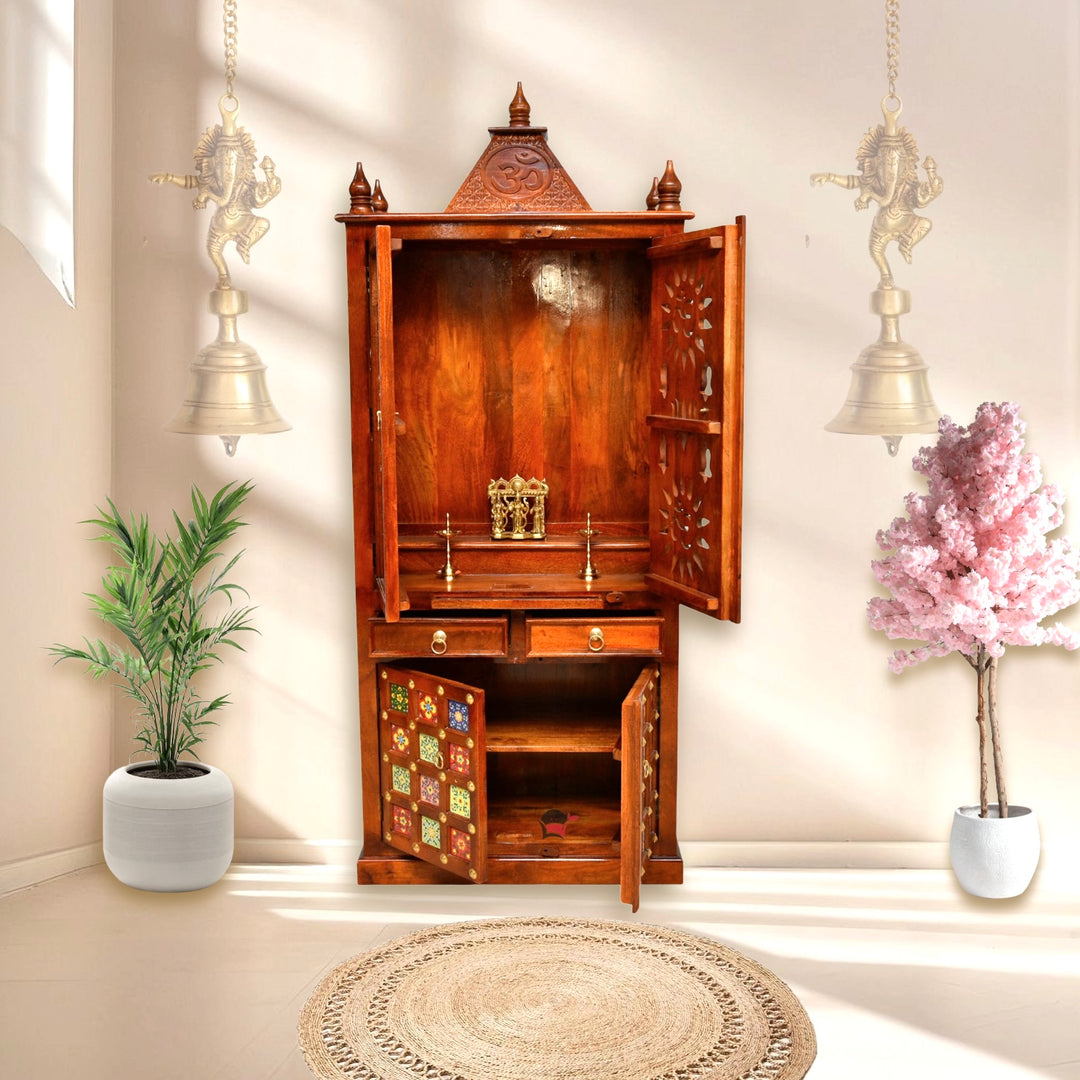 Solid Mango Wood Pooja Temple with Hand Carved Design | UAE