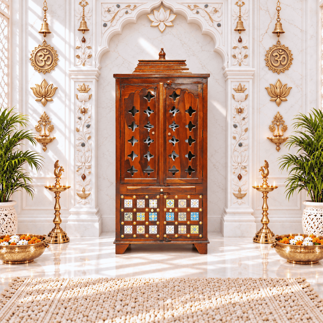 Traditional sheesham wood home mandir with drawer and storage box