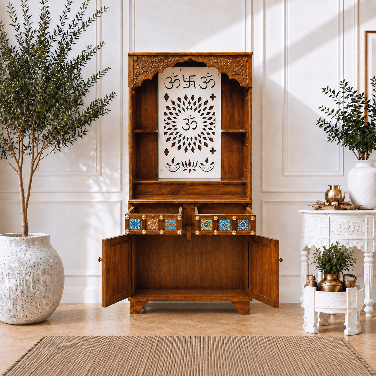 Solid mango wood temple with storage,Inlay tiles work mandir wood,wooden pooja cabinet for living room, two drawers pooja temple, one large storage box mandir wooden Dubai,