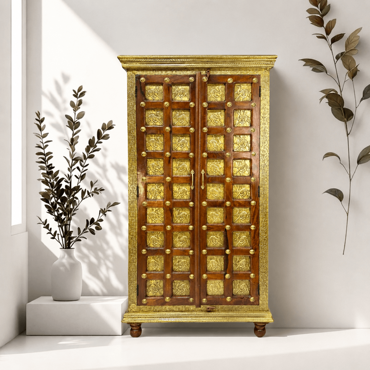 Indian solid wood cabinet with 2 doors with brass fitted work
