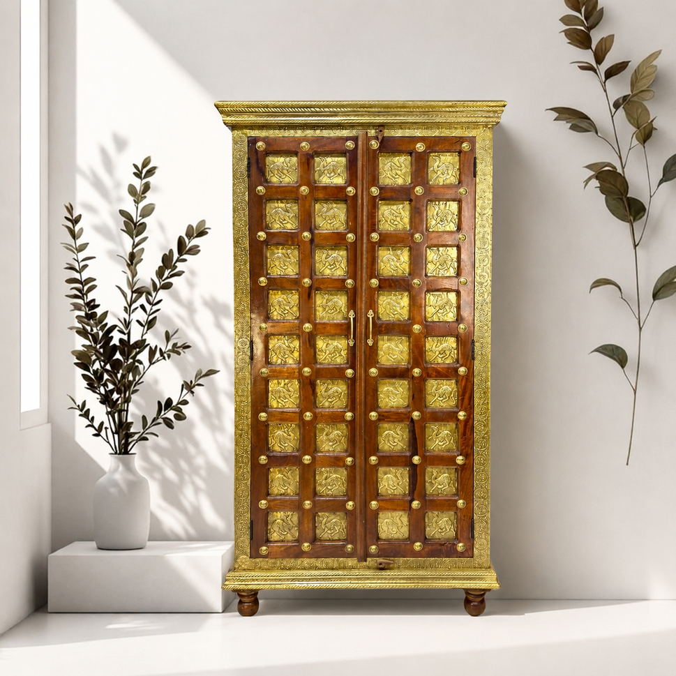 Indian solid wood cabinet with 2 doors with brass fitted work