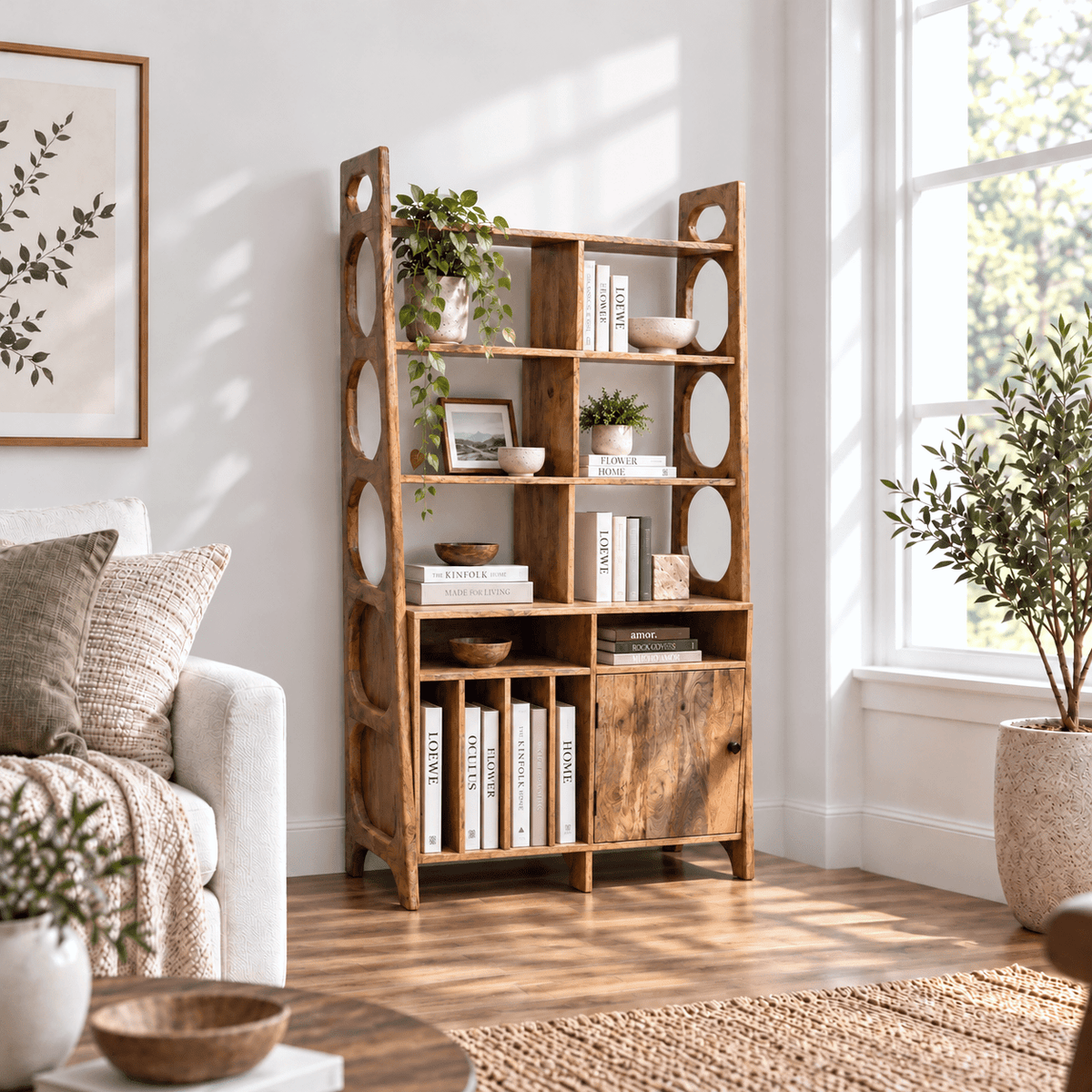Hayat Natural Mango Wood Display Unit with Bookshelf Storage