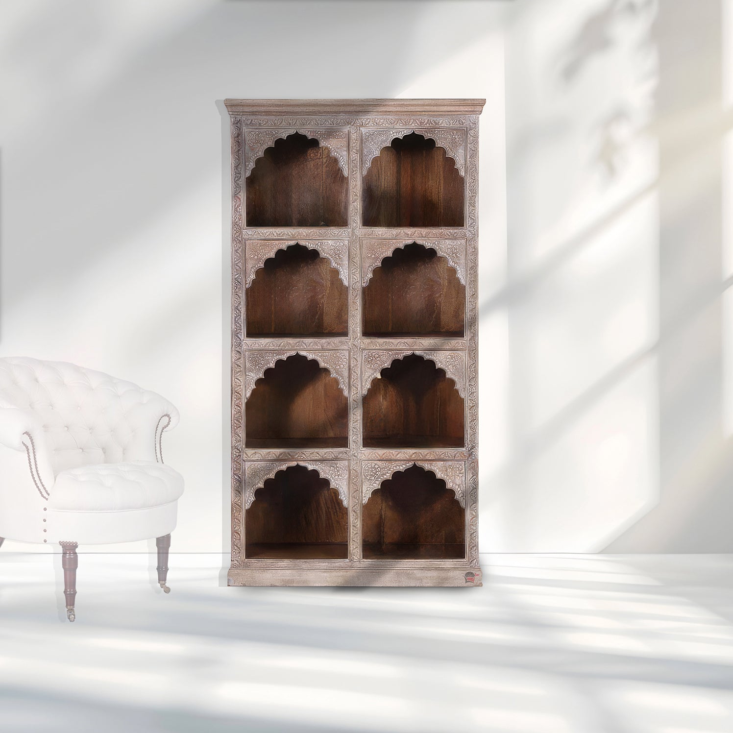 Mango wood hand carved bookcase with cream finish